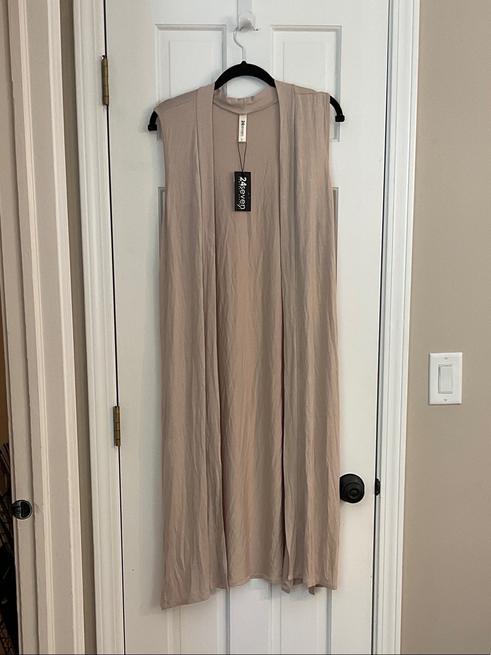 Sleeveless Open-Front Maxi Vest in Taupe by 24Seven Comfort